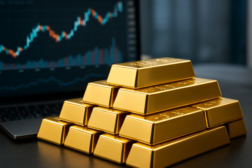 A stack of gold bars in front of a financial graph displaying market trends.