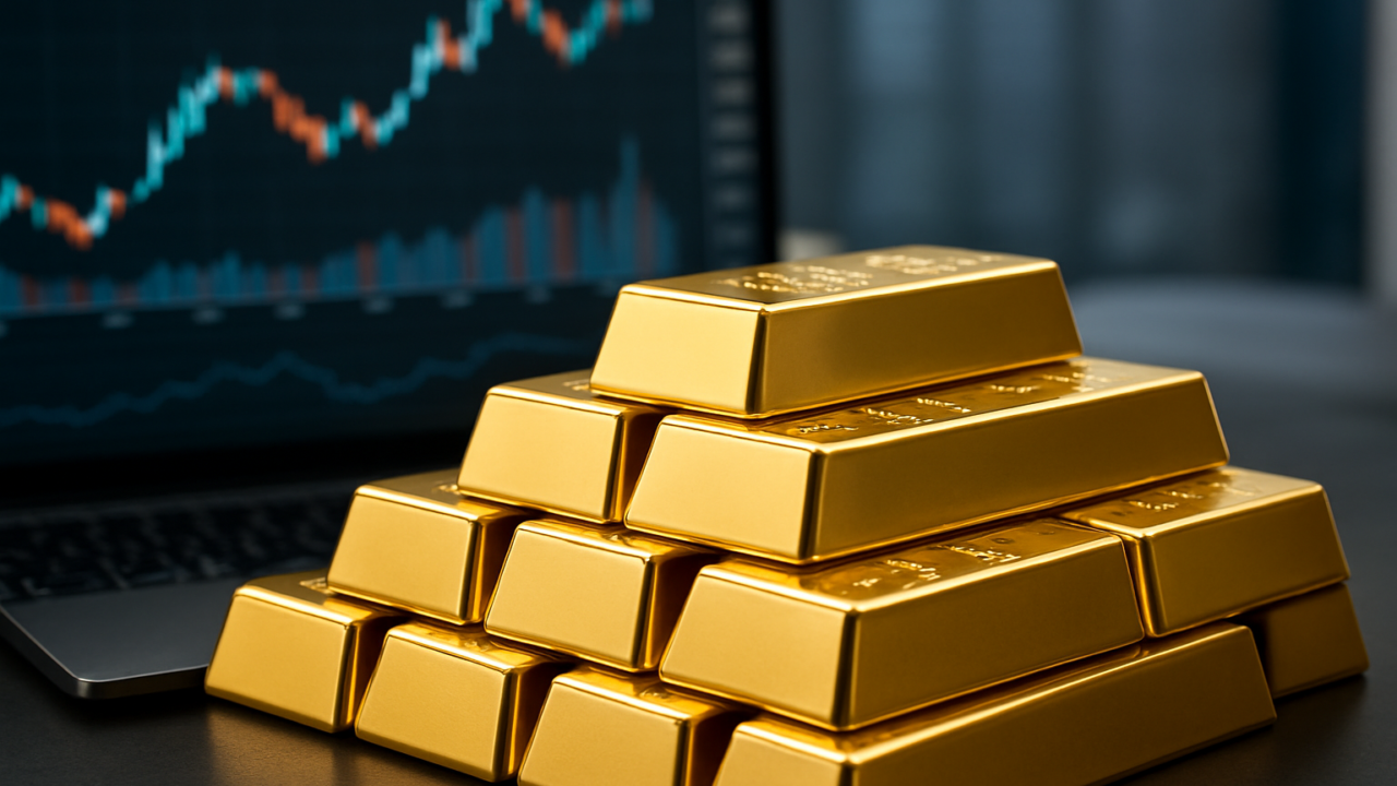A stack of gold bars in front of a financial graph displaying market trends.