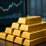 A stack of gold bars in front of a financial graph displaying market trends.