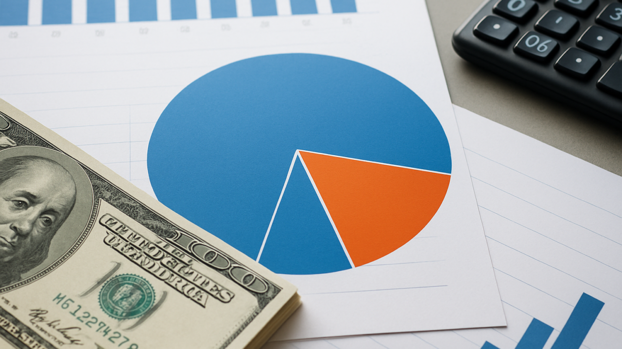 A close-up of a pie chart in blue and orange colors on paper, with a hundred-dollar bill and a calculator beside it, sym