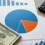 A close-up of a pie chart in blue and orange colors on paper, with a hundred-dollar bill and a calculator beside it, sym