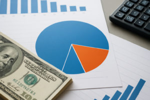 A close-up of a pie chart in blue and orange colors on paper, with a hundred-dollar bill and a calculator beside it, sym