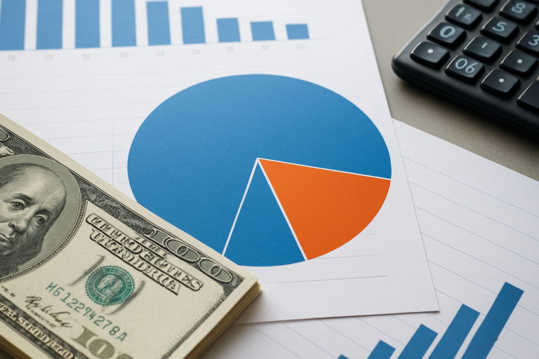 A close-up of a pie chart in blue and orange colors on paper, with a hundred-dollar bill and a calculator beside it, sym