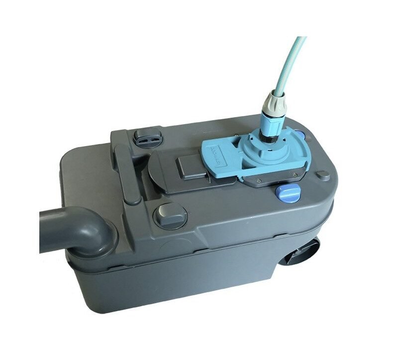 A technical device with a blue component and a hose attached, sitting on a white background.