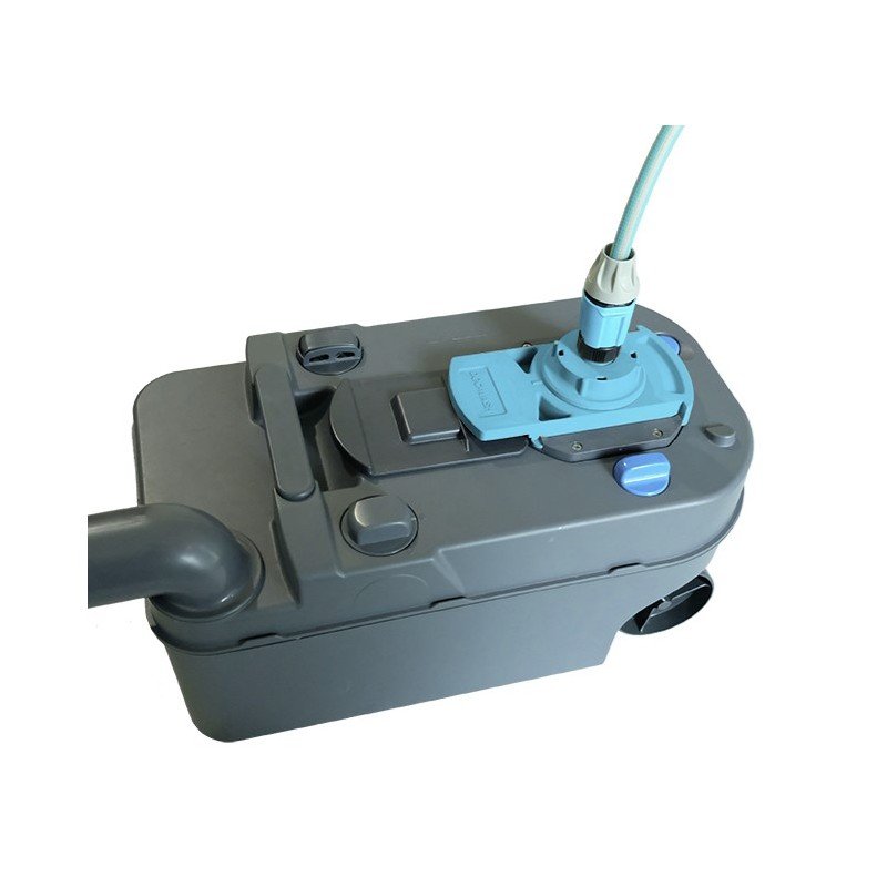 A technical device with a blue component and a hose attached, sitting on a white background.